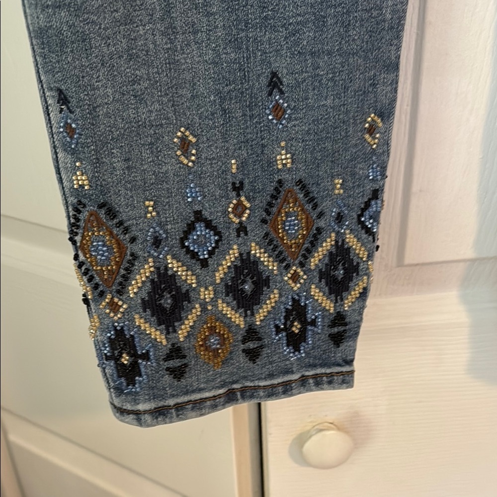 Chico's Blue Ankle Cropped Jeans with Embellished Hem